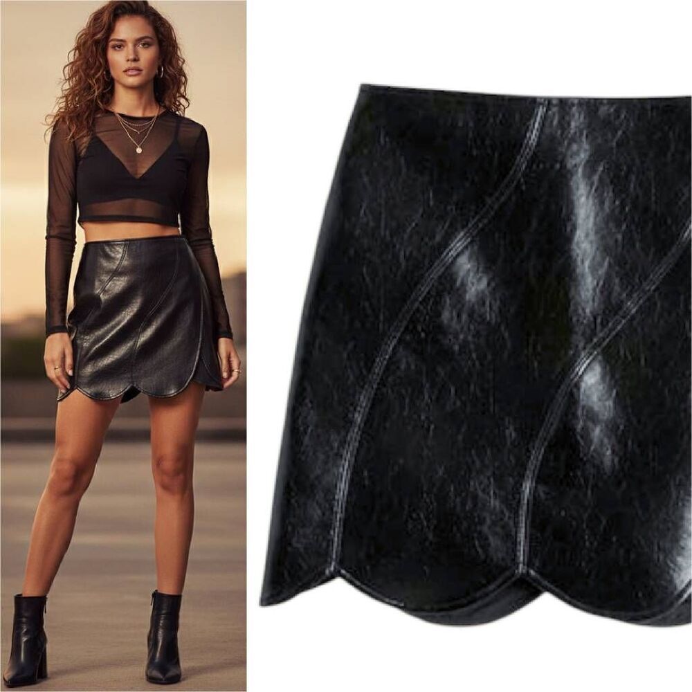 Y2K Social Tourist Black Faux Leather Ultra High Rise Scalloped Mini Skirt SZ 10